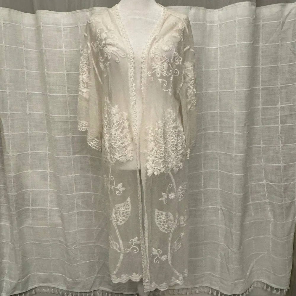 Anthropologie Do Everything In Love Cream Embroidered Sheer Lace Kimono Cardigan - Picture 1 of 7